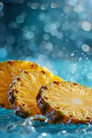 Fresh pineapple slices with water drops and splashes on turquoise background with bokeh lights creating tropical summer atmosphere.