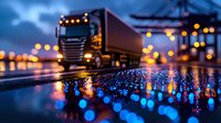 Semi truck driving on wet road at night with colorful bokeh lights reflecting on rainy asphalt surface, creating magical urban transportation atmosphere.