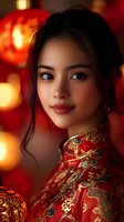 Young Asian woman in traditional red and gold qipao dress with embroidered details against blurred festive lights background during lunar new year celebration.