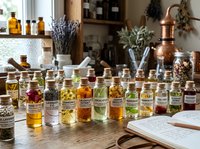Collection of labeled essential oil bottles with dried herbs on a rustic wooden table, aromatherapy and natural wellness concept.