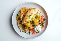 Fresh quesadillas filled with melted cheese and vegetables, garnished with diced tomatoes, cilantro and sour cream served on white plate against light background.