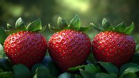 Fresh ripe strawberries with green leaves on natural background, macro shot showing detailed texture of juicy red berries in garden setting.