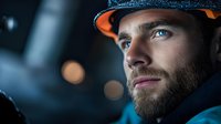 Young bearded Caucasian male construction worker in orange safety helmet looking ahead with determination in industrial workplace setting.