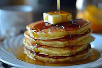 Stack of golden fluffy pancakes with melting butter and maple syrup dripping down the sides, perfect for breakfast menu, food photography or restaurant promotion.