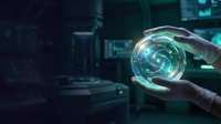 Hand holding glowing digital sphere with swirling data visualization in futuristic tech environment, representing innovation, artificial intelligence, and digital transformation for business solutions.