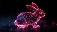 Glowing pink neon rabbit silhouette with particle effects and sparkles on dark background creates magical atmosphere for seasonal and festive designs.