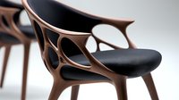 Modern armchair with organic flowing wooden frame in walnut finish and black leather upholstery showcases innovative sculptural design against neutral background.
