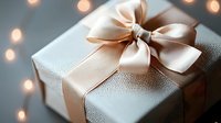 Elegant gift box wrapped in textured silver paper with champagne satin bow against soft bokeh lights background for special occasions.