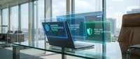 Laptop displaying cybersecurity software with holographic shield interface in modern office workspace, representing data protection and network security solutions for business environments.
