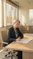 Professional mature businesswoman with gray hair signing documents at modern office desk near large windows with natural sunlight streaming in.