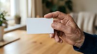 Senior man with wrinkled hands holding blank white card in modern home interior, suitable for business, greeting, or promotional messaging campaigns.