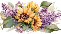 Watercolor floral composition with bright yellow sunflowers and purple lilac branches, decorated with green leaves on white background, ready for design use.