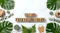 Eco friendly text on wooden blocks surrounded by tropical leaves, succulents, and natural decor on marble background, promoting sustainable living.