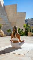 Young Caucasian woman in white activewear practicing meditation outdoors against modern architectural background with palm trees and desert landscape.