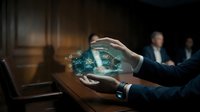 Businessman hands protecting digital cloud computing network with data security icons in corporate boardroom meeting environment.