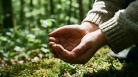 Open cupped hands in green knit sweater reaching toward forest floor with moss and natural woodland background for environmental conservation concepts.