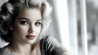 Young woman with retro 1950s hairstyle and classic makeup wearing houndstooth pattern clothing, elegant vintage glamour portrait in soft window light.