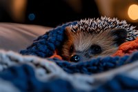 Adorable hedgehog wrapped in cozy blue blanket with warm bokeh lights creating intimate evening atmosphere for pet care and comfort concepts.