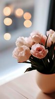 Soft pink tulips in white ceramic vase against window with dreamy bokeh lights background, creating romantic mood for greeting cards and social media posts.