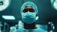 African American medical professional in surgical attire with mask and cap under operating room lights, close-up portrait capturing determination in eyes during procedure.