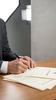 Professional businessman signing legal contract documents with pen at wooden desk in modern office environment for business agreements.