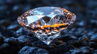 Brilliant cut diamond with orange light reflections resting on dark textured surface, macro photography showing facets and clarity in luxury jewelry setting.