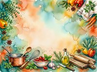 Watercolor cooking background with fresh vegetables, herbs, kitchen utensils, and ingredients arranged around colorful splashes. Suitable for recipe blogs, cookbooks, culinary websites.