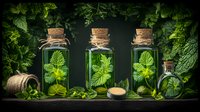 Green herbs and leaves in glass bottles with cork stoppers arranged on dark background with fresh botanical ingredients, creating magical herbal elixir atmosphere.
