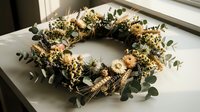 Rustic autumn wreath with dried flowers, eucalyptus leaves and natural textures on white surface. Seasonal home decor for fall celebrations and cozy interior styling.