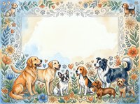 Watercolor dogs and flowers decorative frame with blank center space for text, featuring various breeds in a garden setting.