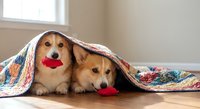 Two adorable corgi puppies hiding under colorful quilt blanket with red heart toys in cozy home interior for Valentine's Day celebration and pet love concept.