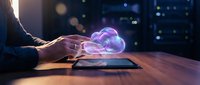 Hands hovering over tablet with glowing cloud hologram emerging from screen, representing cloud computing and digital technology innovation in modern workspace.