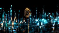 Glowing cryptocurrency coin with blue digital market charts and trading graphs on dark background, modern financial technology concept.