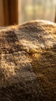 Rustic burlap sack fabric texture with natural fibers and warm golden lighting for agricultural and organic product packaging designs.