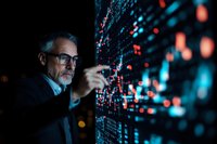 Senior Caucasian businessman analyzing digital data visualization on futuristic display screen, illuminated by blue and red dots in dark office environment.