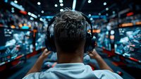 Young man wearing headphones from behind, looking at multiple screens in dark gaming environment with blue neon lighting and digital displays. Esports and gaming atmosphere.