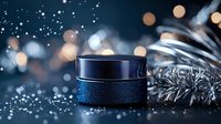 Luxury navy blue cosmetic cream jar with glitter texture against dark background with bokeh lights and silver tinsel, creating premium skincare atmosphere.