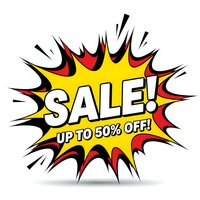 Comic book style sale burst with up to 50% off text in yellow red black explosion design for promotional marketing campaigns and retail advertising.