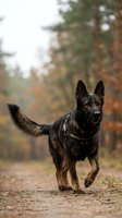 German shepherd dog running on forest path during autumn season with colorful foliage background for pet training and outdoor activity concepts.
