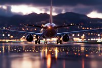 Commercial airplane on wet runway at dusk with dramatic sky and mountain backdrop, aviation transportation concept for travel industry marketing.