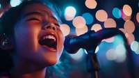 Young Asian female vocalist performing with passion against blurred bokeh lights background, singing into microphone with emotional expression during concert.