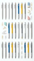 Modern office supplies collection with ballpoint pens, mechanical pencils, paper clips and erasers arranged in organized rows on white background.