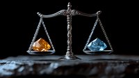 Antique silver balance scale with orange and blue crystals on black background, symbolizing justice, choice, and equilibrium in dramatic lighting.