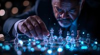 African American businessman making strategic move on glowing glass chess board in dark room with dramatic blue lighting and bokeh effects in background.
