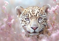 Close up portrait of spotted leopard with bright blue eyes among pink cherry blossoms, soft dreamy nature background creates magical spring atmosphere.