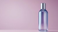 Elegant glass bottle with metallic cap on pink background, minimalist cosmetic packaging design for luxury beauty products and fragrances.