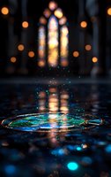 Magical water ripples reflecting stained glass church windows with glowing bokeh lights and turquoise splashes creating ethereal atmosphere for spiritual concepts.
