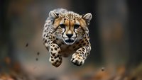 Majestic cheetah leaping forward in mid-air against blurred natural background, showcasing power and agility with spotted coat and intense focused gaze.
