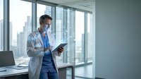 Male doctor in white coat and blue scrubs wearing protective face mask using digital tablet in modern hospital office with city skyline view through windows.