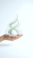 Hand holding abstract green and white water droplet shape with floating bubbles on white background, representing eco-friendly solutions and sustainable care.